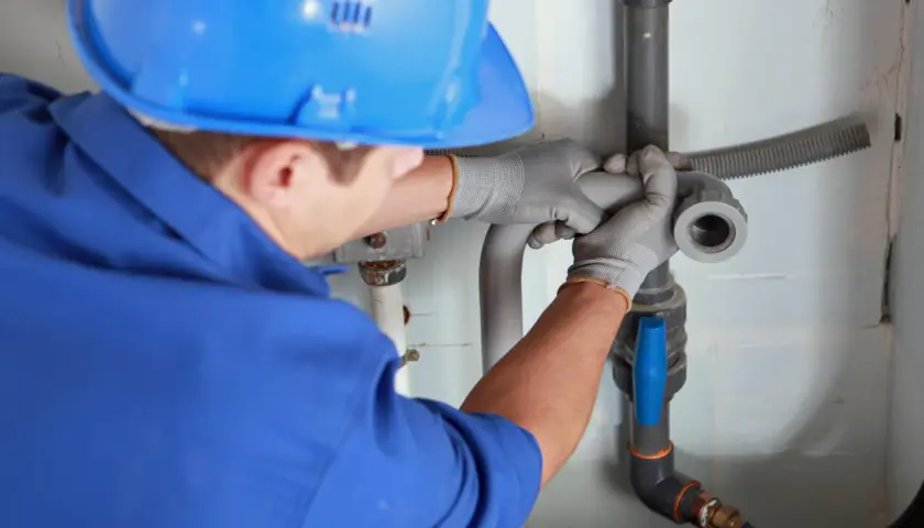 Instalator montuje odpowietrzenie kanału sanitarnego w domu parterowym, łącząc rury.