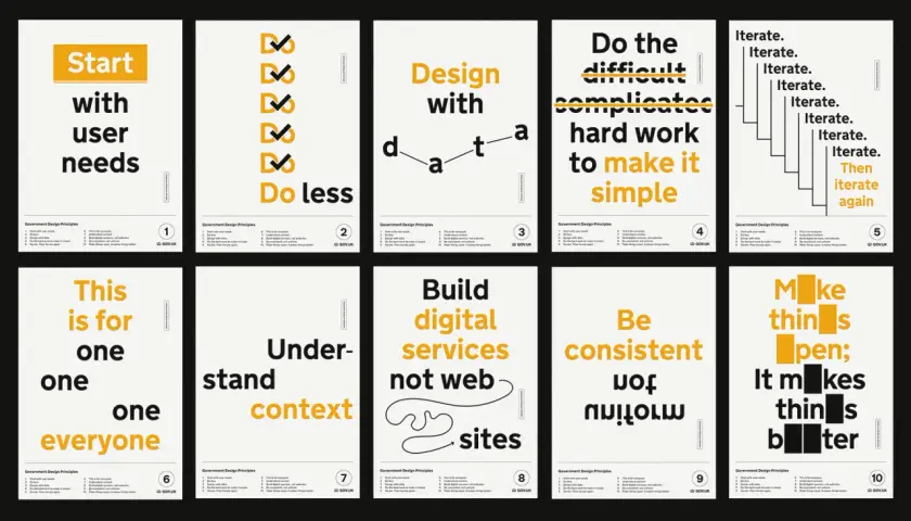 Government design principles posters: Start with user needs, Do less, Design with data, Make it simple, Iterate, This is for everyone, Understand context, Build digital services, Be consistent, Make things better. These service values guide better design.