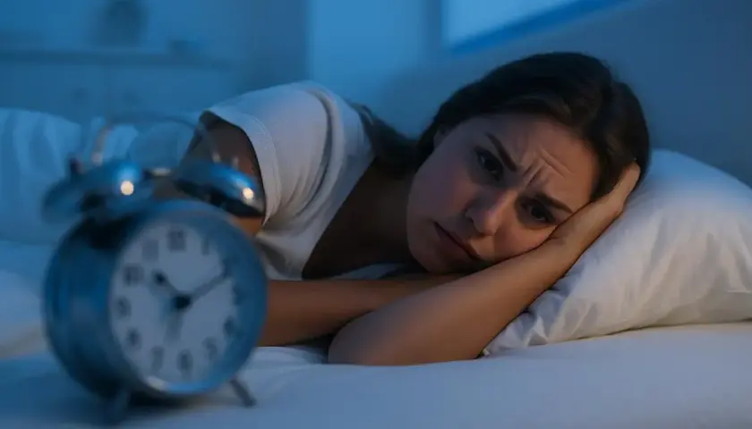Zmartwiona kobieta leży w łóżku, patrząc na budzik. Szuka sposobu, co zrobić żeby zasnąć w 5 minut.