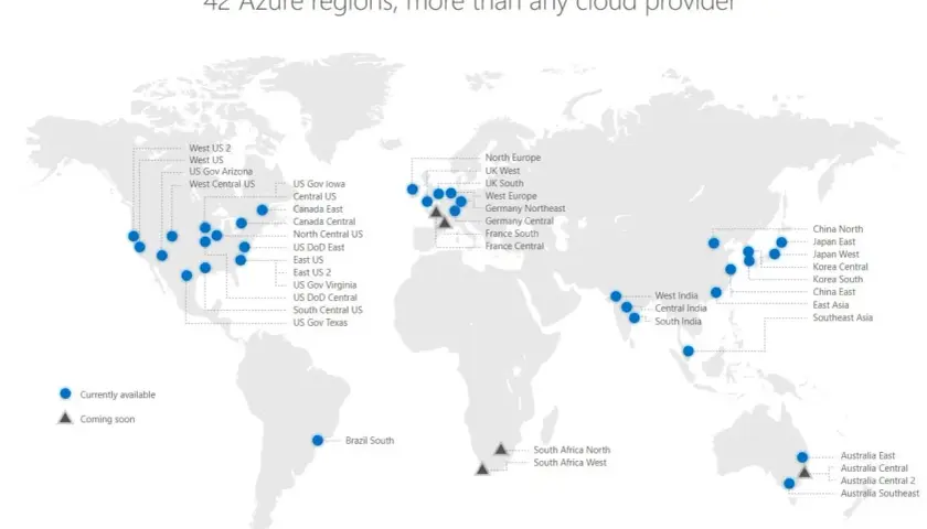 Carte mondiale des 42 régions Azure de Microsoft, incluant des data centers en Amérique du Nord, Europe, Asie et Australie.