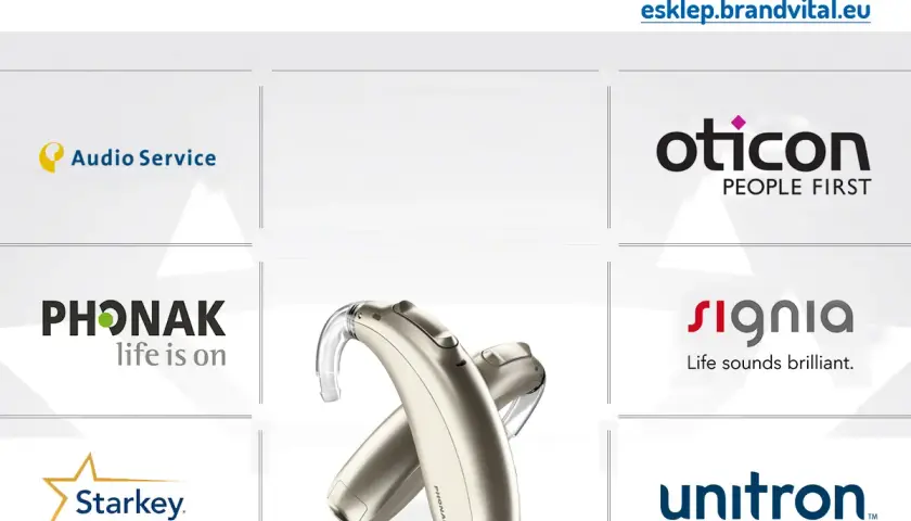 Złoty aparat słuchowy, idealny dla psa, obok logo Phonak. Sprawdź inne marki: Oticon, Signia, Unitron, Starkey, Audio Service.