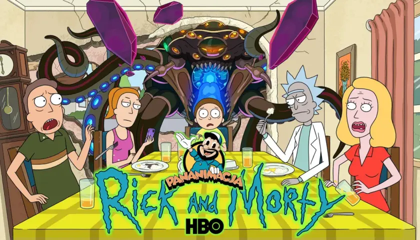 Rodzina Smithów przy stole, a za nimi potworne istoty z kosmosu. Rick Sanchez i Morty Smith w centrum, jak zawsze w centrum kosmicznych przygód.