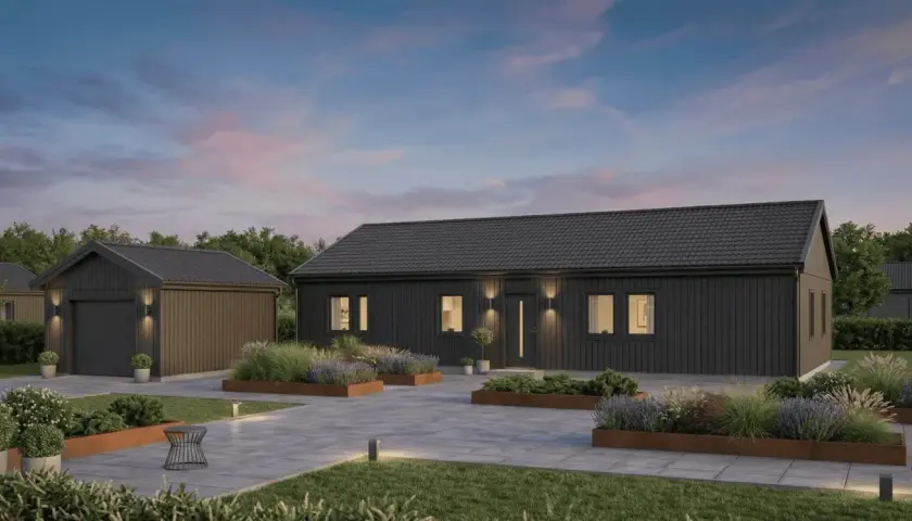 Modernt mörkt hus med garage och vackra planteringar. Drömmen om att bygga hus billigt blir verklighet med denna stilrena design.