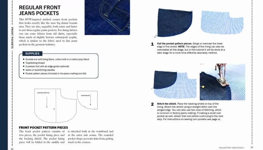 Free jeans sewing pattern for regular front pockets. Includes supplies and pattern pieces for a professional finish.