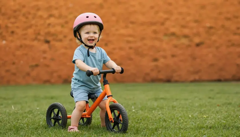 Uśmiechnięte dziecko w kasku na rowerku biegowym. Od jakiego wieku można zacząć naukę jazdy? Od ok. 18 miesiąca życia, gdy maluch pewnie stawia kroki.
