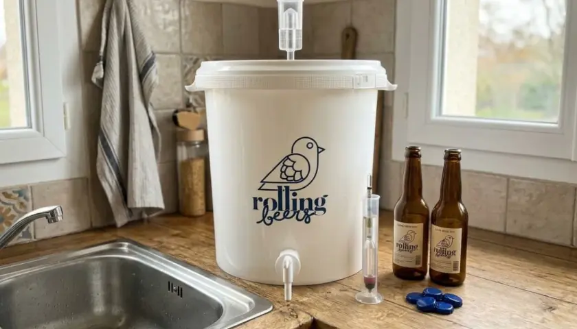Kit pour la fabrication bière artisanale : cuve de fermentation, densimètre, bouteilles et capsules.