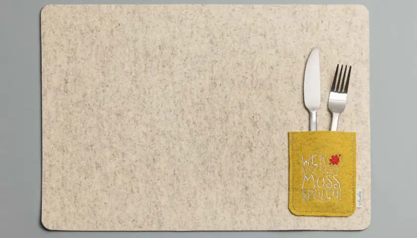 Beiges Platzset aus Filz mit gelber Tasche und der Aufschrift "Wer kleckert muss spülen!". Messer und Gabel stecken darin.