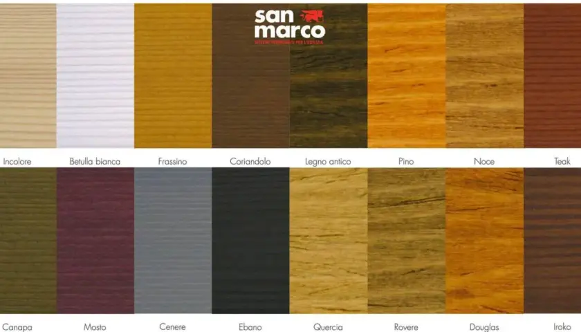 Tabella colori legno naturali: campioni di diverse tonalità, dall'incolore al Teak, passando per tonalità come Quercia e Ebano.