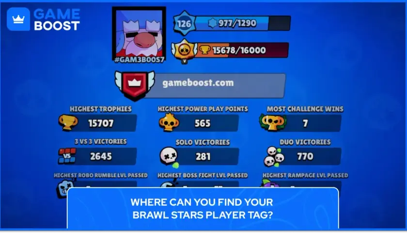 Statystyki gracza w Brawl Stars: 15707 trofeów, 2645 zwycięstw 3v3, 281 zwycięstw solo.