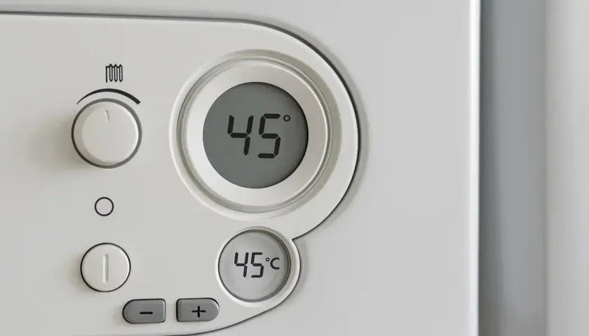 Panel sterowania kotła z wyświetlaczem 45°C. Dowiedz się, jak ustawić czujnik temperatury, korzystając z pokrętła i przycisków +/-.