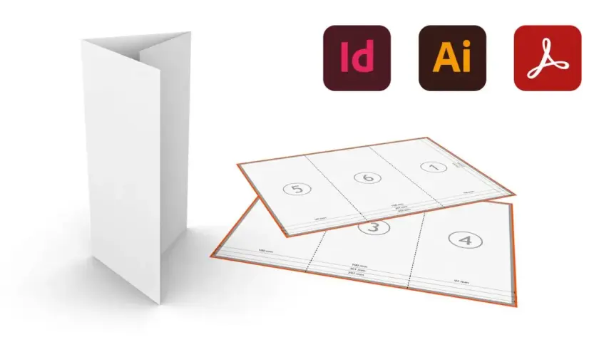 Un dépliant blanc ouvert, avec des gabarits de mise en page imprimés et les logos Adobe InDesign, Illustrator et Acrobat.