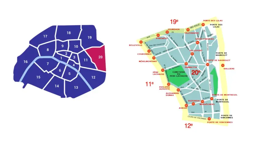 Mapa Paryża z zaznaczonymi dzielnicami, wyróżniona 20. dzielnica.