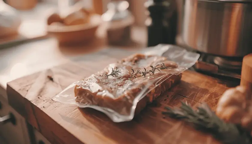 Mięso hermetycznie pakowane po terminie, z gałązką rozmarynu, leży na drewnianej desce.