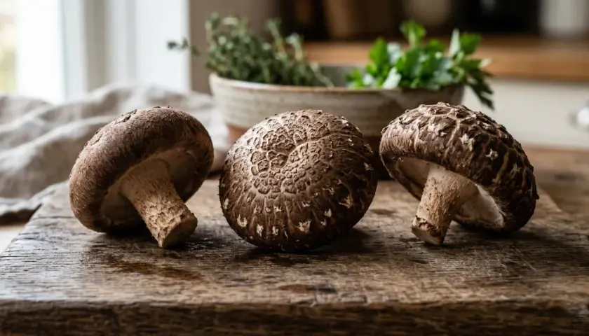 Trzy grzyby shiitake na drewnianej desce. To dowód, co to znaczy proteinowe – zdrowe i pyszne!