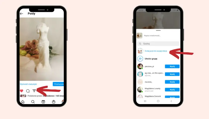 Chcesz wiedzieć, jak udostępnić rolkę na Instagramie? Kliknij ikonę samolotu, a następnie "Dodaj post do swojej relacji".