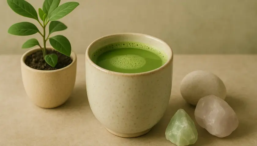 Grüner Matcha-Tee in einer Keramikschale, daneben ein kleiner grüner Spross und Kristalle. Die Matcha Tee Wirkung auf Hormone wird oft diskutiert.