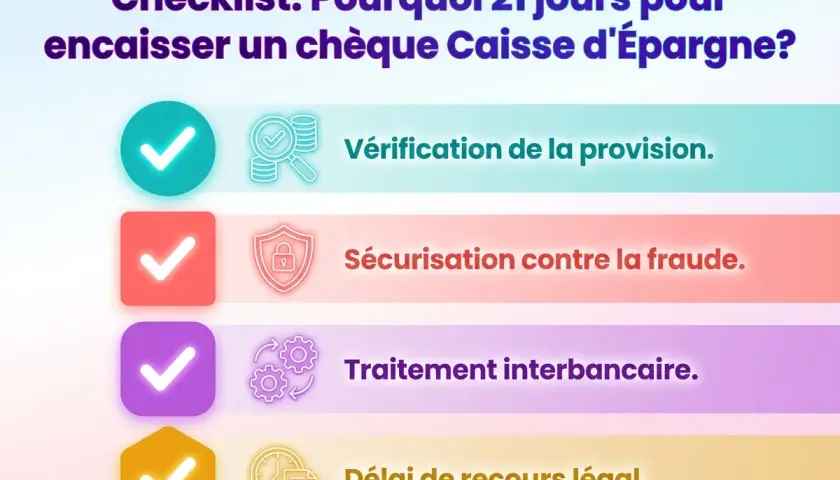 Checklist expliquant pourquoi il faut 21 jours pour encaisser un chèque Caisse d'Épargne : vérification, sécurisation, traitement interbancaire et délai légal.