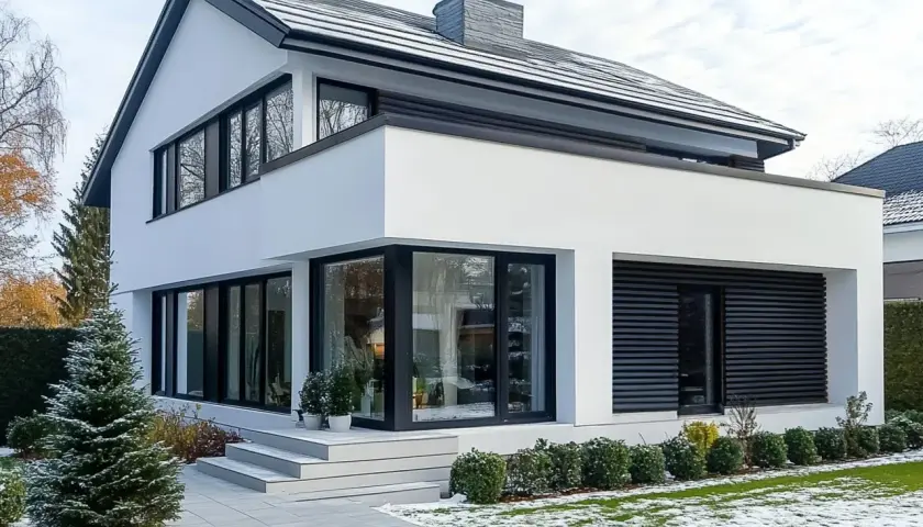 Nowoczesny dom z białymi ścianami i czarnymi oknami. Świetny pomysł na elewację domu, który wygląda elegancko i minimalistycznie.