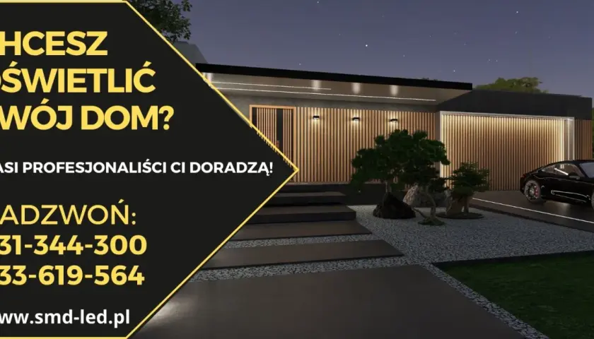 Nowoczesne oświetlenie elewacji domu parterowego podkreśla jego architekturę. Profesjonalne doradztwo w zakresie oświetlenia.