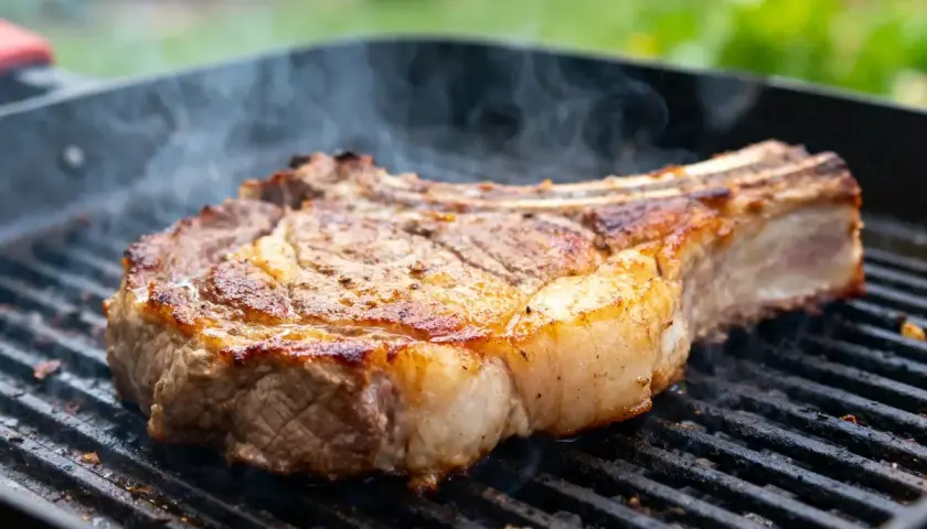 Une succulente basse côte de bœuf grésille sur un grill, dégageant une vapeur alléchante.
