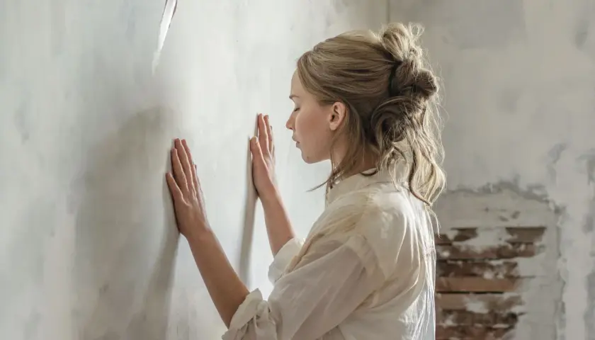 Una madre in un film, con le mani sul muro, sembra cercare una spiegazione o un conforto.