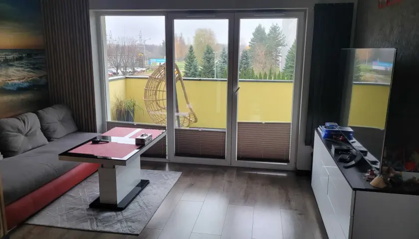 Wygodny salon z widokiem na atrium Radogoszcz. Na tarasie huśtawka i zieleń.