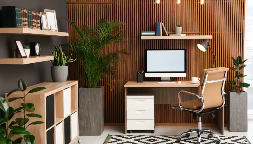 Un accogliente ufficio in casa con scrivania, sedia in pelle, piante e librerie. Idee per un ambiente di lavoro funzionale e rilassante.