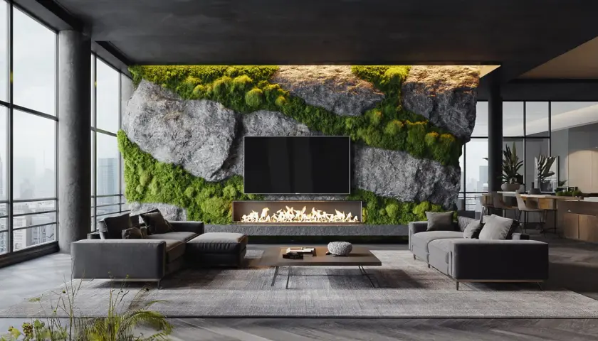 Moderne wohnzimmer wandgestaltung mit Stein und Moos, Kamin und Fernseher. Ein luxuriöses Ambiente mit Blick auf die Stadt.