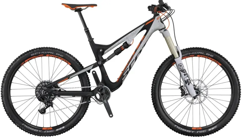 The 2016 Scott Genius mountain bike, ready for any trail with its full suspension and rugged tires.
