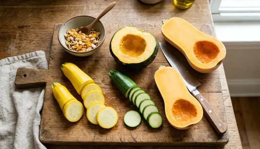 Preparing a healthy meal. Curious if dogs eat squash? This image shows butternut squash, zucchini, and yellow squash, all safe for pups in moderation.