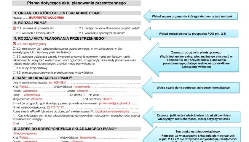 Wypełniony wniosek o pozwolenie na rozbiórkę wzór, z zaznaczonym "plan ogólny gminy" i danymi Jana Iksińskiego.