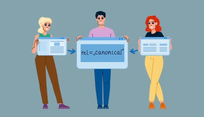 Trzy osoby prezentują ekrany z tekstem "rel=„canonical”", symbolizującym linki kanoniczne.
