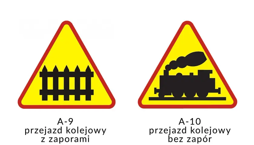 Znaki ostrzegawcze: przejazd kolejowy z zaporami (płotek) i przejazd kolejowy bez zapór (lokomotywa).