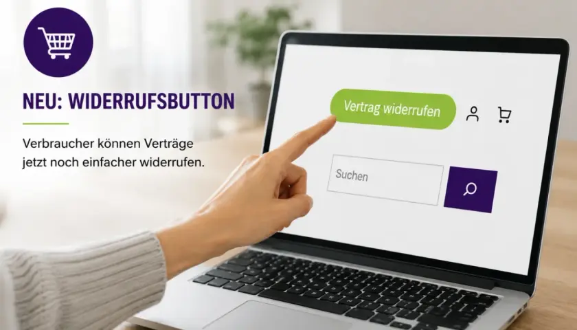 Ein Finger tippt auf den grünen "Vertrag widerrufen"-Button. Der neue Widerrufsbutton macht es Verbrauchern 2026 einfacher, Verträge zu stornieren.