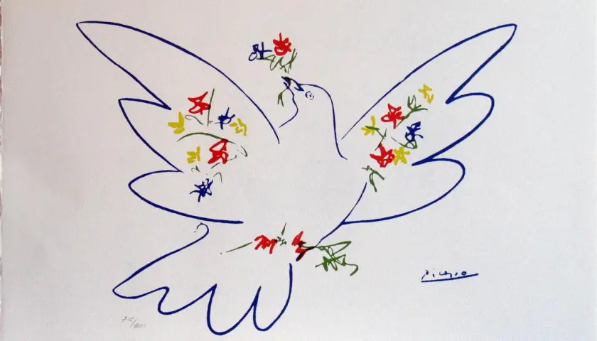 Paloma de la paz de Picasso con flores de colores.