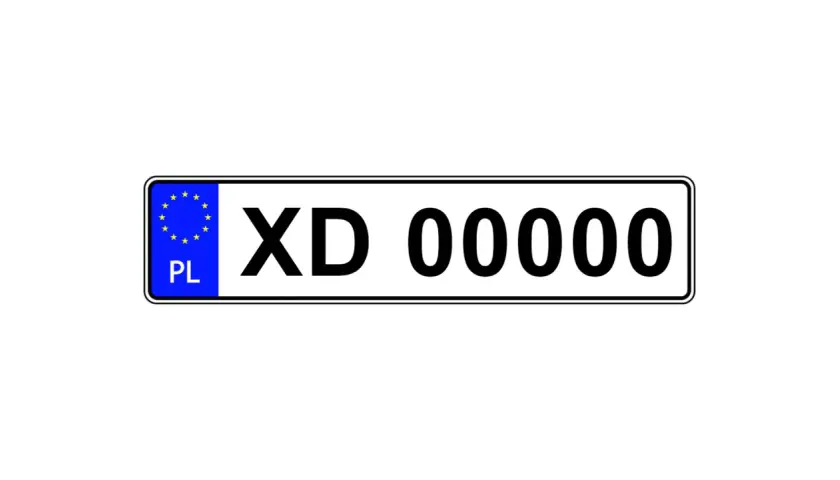Tablica rejestracyjna z oznaczeniem PL i numerem XD 00000.