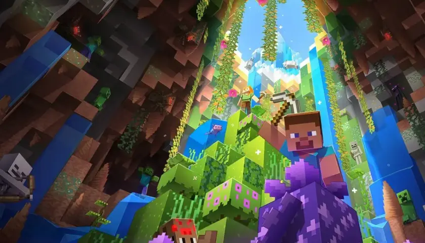 Steve i Alex eksplorują jaskinię w grze sandbox Minecraft. Wokół nich zombie, pająki i enderman.
