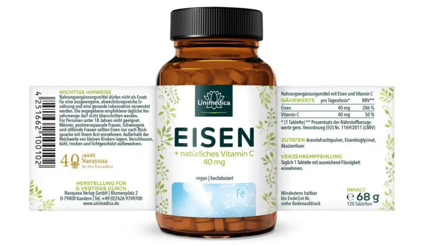 Flasche mit Eisen-Nahrungsergänzungsmittel. Zutatenliste nennt Eisenbisglycinat. Mögliche eisenbisglycinat nebenwirkungen sind nicht aufgeführt.