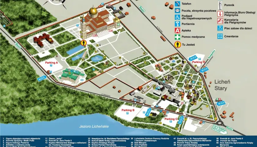 Mapa Sanktuarium w Licheniu. Widać parkingi, bazylikę, jezioro i liczne obiekty pielgrzymkowe. Licheń parking cena nie jest podana.