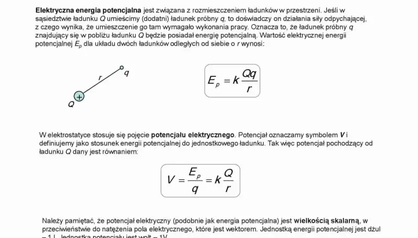 Potencjał elektryczny opisuje energię potencjalną ładunku próbnego w polu elektrycznym. Wzór V = kQ/r pokazuje zależność potencjału od ładunku i odległości.