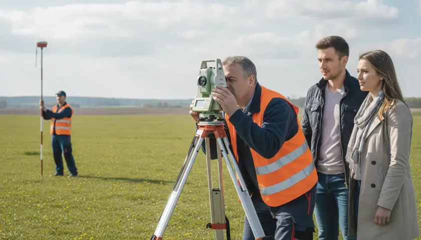 Geodeta z niwelatorem i pomocnik na polu. Para obserwuje pomiary, które są kluczowe dla aktu notarialnego i wpisu do księgi wieczystej.