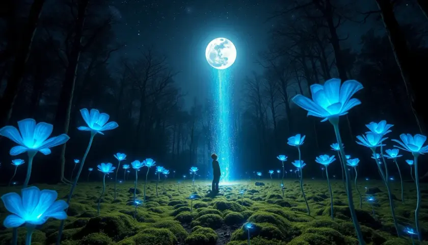 Nocny las, gdzie świecące na niebiesko kwiaty tworzą magiczną polanę. W centrum stoi postać, wpatrzona w snop światła z księżyca. To jak piękny sen o kwiatach.