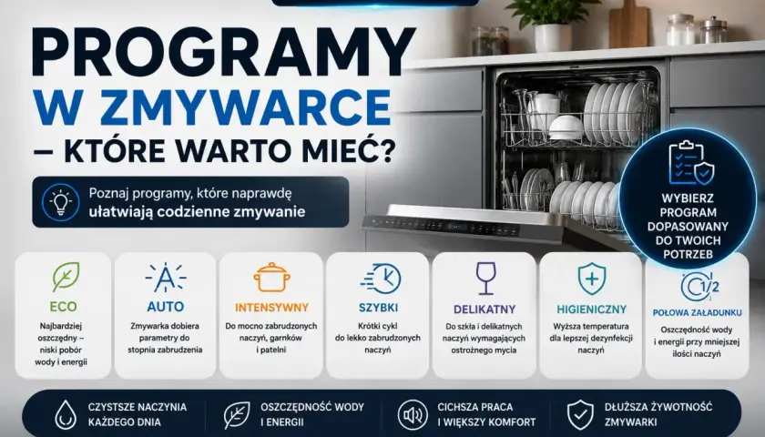 Jak wybrać zmywarkę? Poznaj programy: ECO, AUTO, INTENSYWNY, SZYBKI, DELIKATNY, HIGIENICZNY, POŁOWA ZAŁADUNKU.