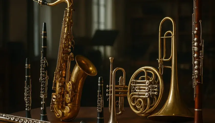 Un'orchestra di strumenti a fiato: sassofono, clarinetti, tromba, corno francese e oboe. Conoscere i loro nomi è il primo passo per creare musica.