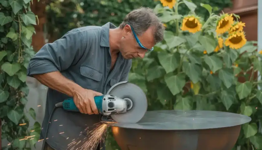 Un homme fabrique un brasero barbecue fait maison, des étincelles jaillissent.