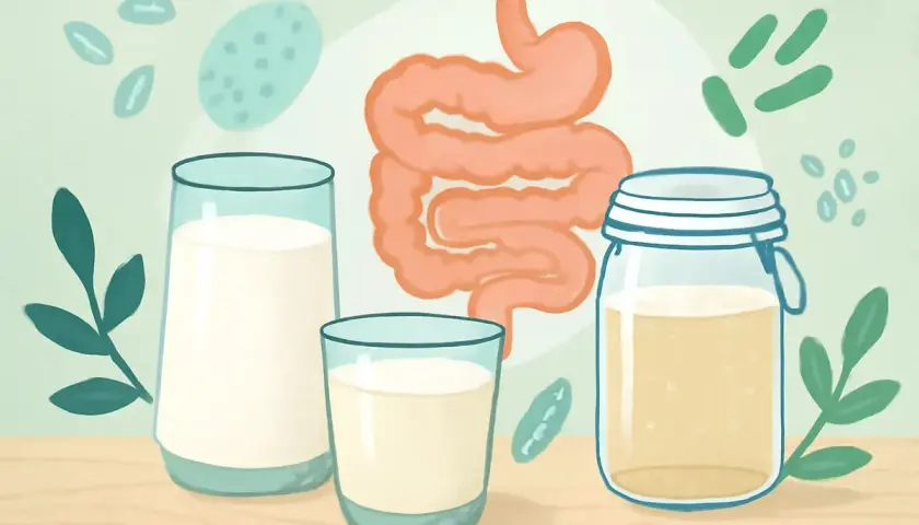 Czy kefir jest zdrowy? Ilustracja przedstawia jelita i żołądek, obok szklanki mleka i słoik z kefirem, sugerując jego korzystny wpływ na trawienie.