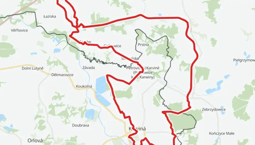 Mapa trasy rowerowej EuroVelo 4, prowadzącej przez Łaziska, Karvinę i Jastrzębie-Zdrój.