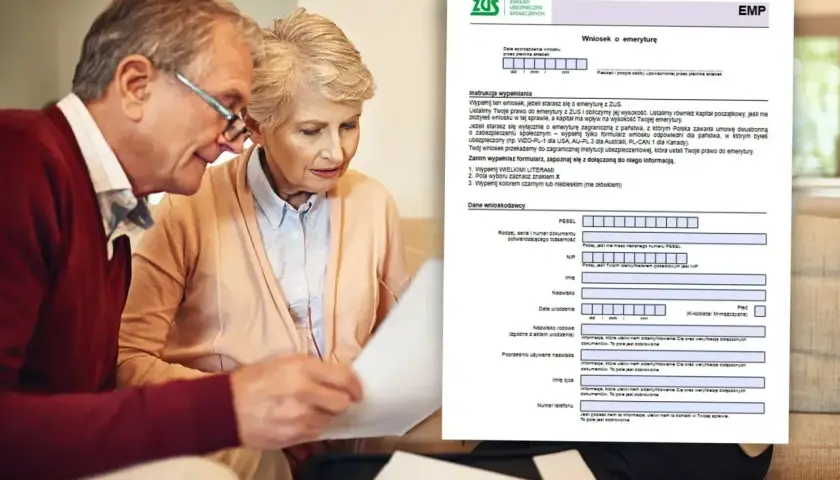 Para starszych osób analizuje dokument "Wniosek o emeryturę" ZUS, przygotowując się do złożenia wniosku.