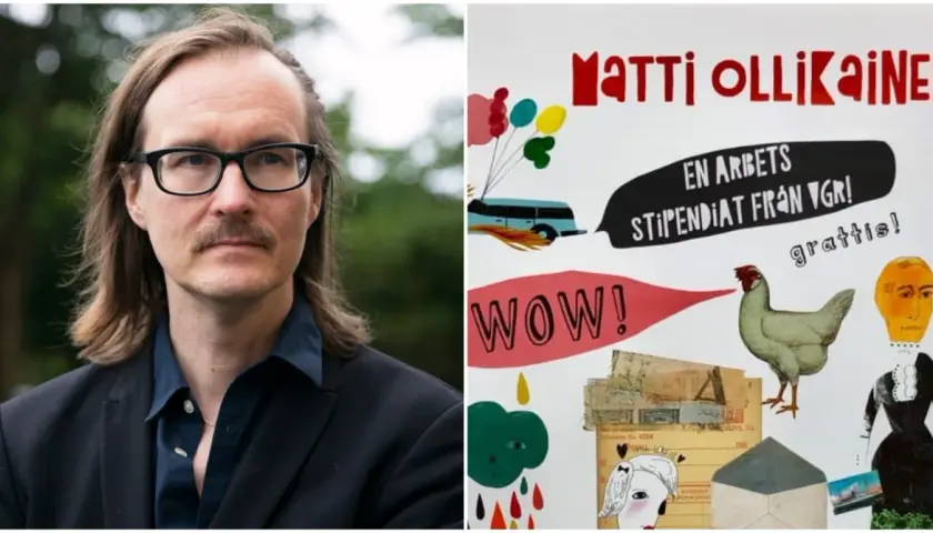 Porträtt av Matti Ollikainen bredvid en collage med texten "Matti Ollikainen", en buss, en höna och "gratis!".