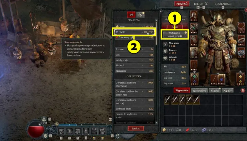 Diablo 4: 318/795 obole, waluta do kupowania kuriozów i przedmiotów.